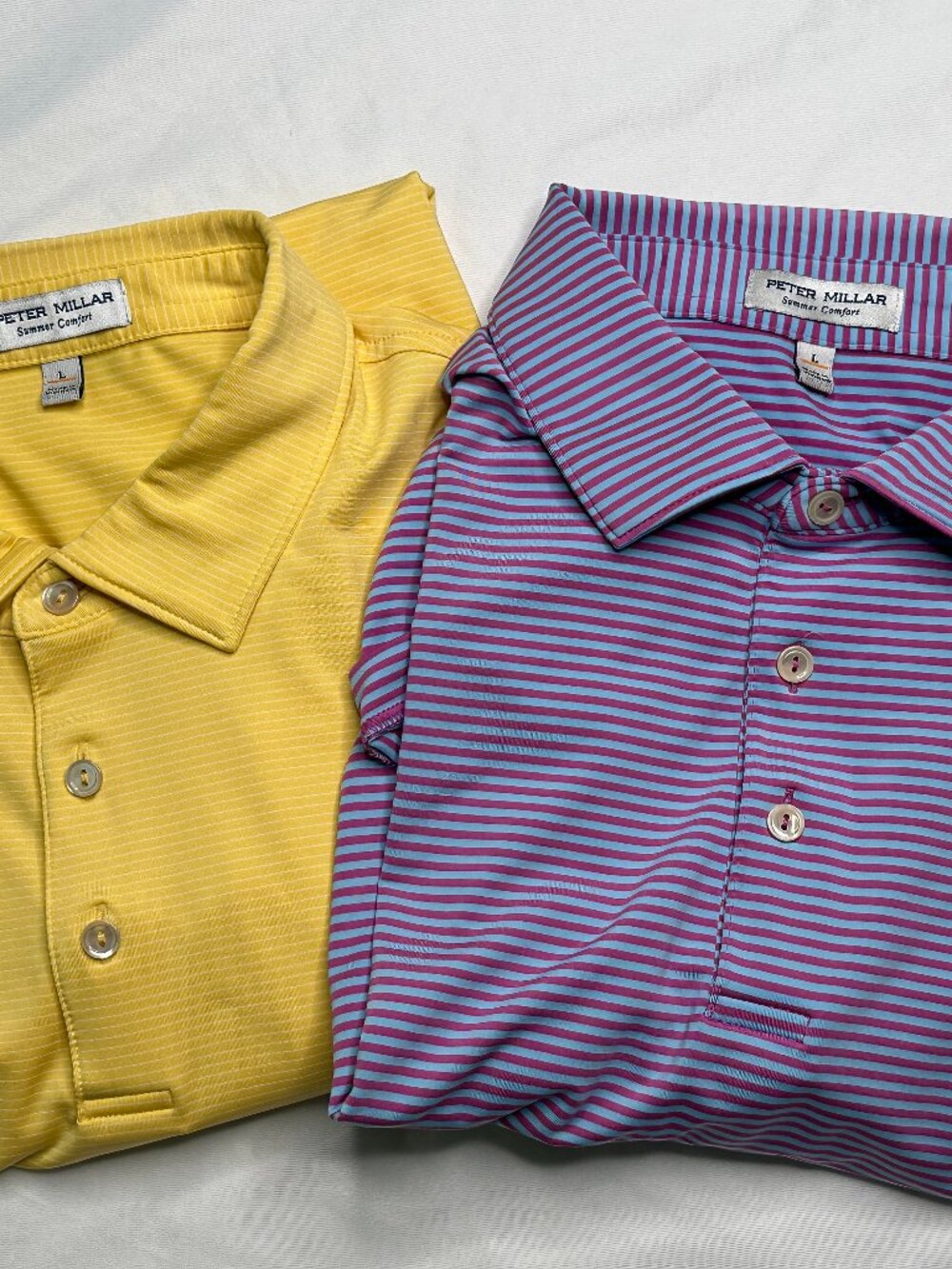 Peter Millar Summer Comfort Shirt Mens Large Polo Striped Yellow Purple Lot of 2
